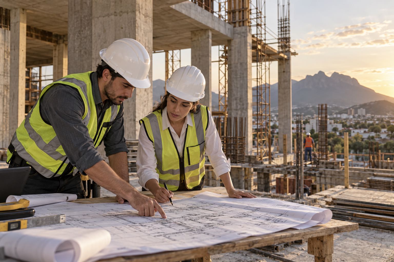 Profesionales revisando planos en una obra